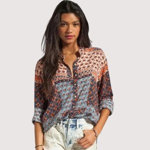 Free People Top Caravan Blue Orange Floral Patchwork Long Sleeve Button Bohemian